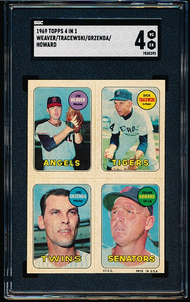 1969 Topps 4 in 1 Baseball- Jim Weaver/ Dick Tracewski/ Joe Grezenda/ Frank Howard- SGC 4 (Vg-Ex)