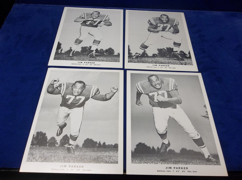 1960’s Jim Parker Baltimore Colts NFL Team Issue 7-7/8” x 10-9/16” Thin Cardboard Photos- 4 Diff.