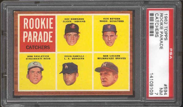 1962 Topps Baseball- #594 Bob Uecker Rookie!- PSA NM 7 