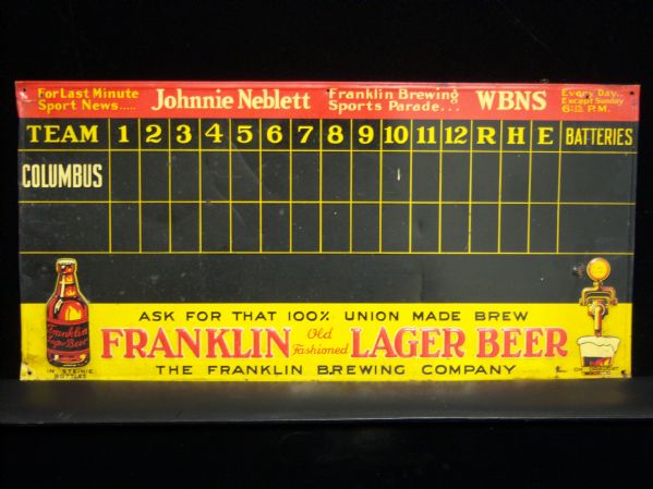 1930’s Franklin Lager Beer Columbus Red Birds Metal Baseball Scoreboard Sign