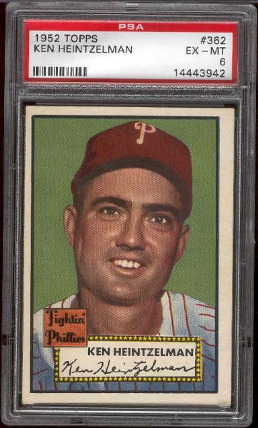 1952 Topps Baseball- #362 Ken Heintzelman, Phillies- PSA Ex-Mt 6 . Hi#