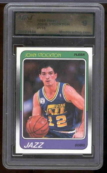 1988-89 Fleer Bskbl. #115 John Stockton RC- Graded Mint 9 by MintGrading.com