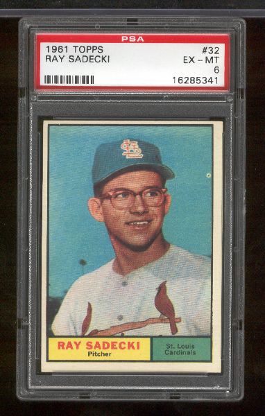 1961 Topps Bb- #32 Ray Sadecki, Cardinals- PSA Ex-Mt 6 