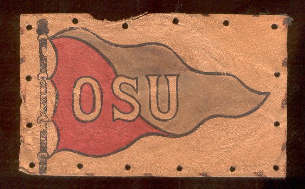 Early 1900’s Ohio State University Flag Leather Postcard Back- 5” x 3” made of leather with a postcard back