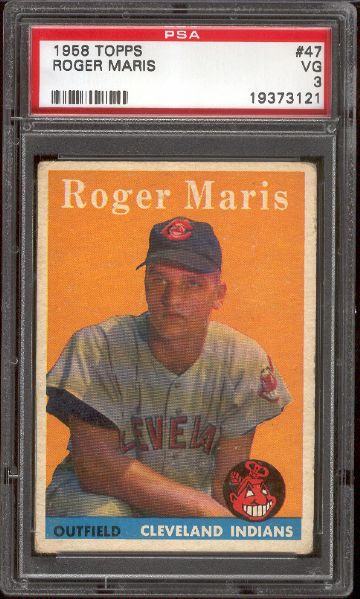 1958 Topps Bb- #47 Roger Maris, Indians- Rookie- PSA Vg 3 