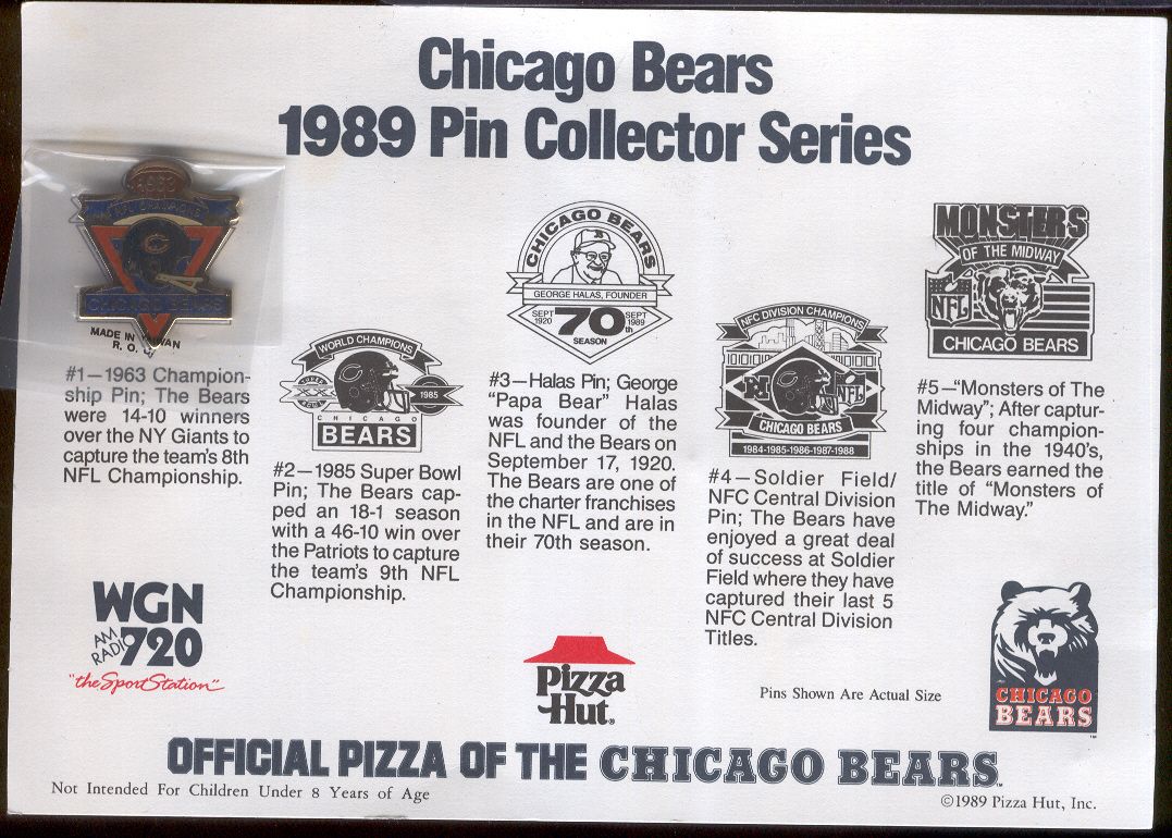 Lot Detail - 1989 Pizza Hut/Chicago Bears Pin Collector Series- 1 Complete  Set of 5 Pins