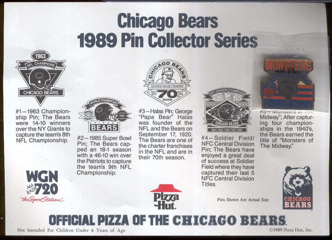 Vintage Chicago Bears Pizza Hut 1989 5 Pin Set On Card