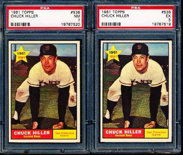 1961 Topps Bb- #538 Chuck Hiller, Giants- 2 Cards- Hi#