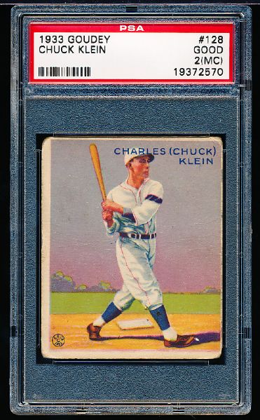 1933 Goudey Baseball- #128 Chuck Klein, Phillies- PSA Good 2 (MC)- Hall of Famer!