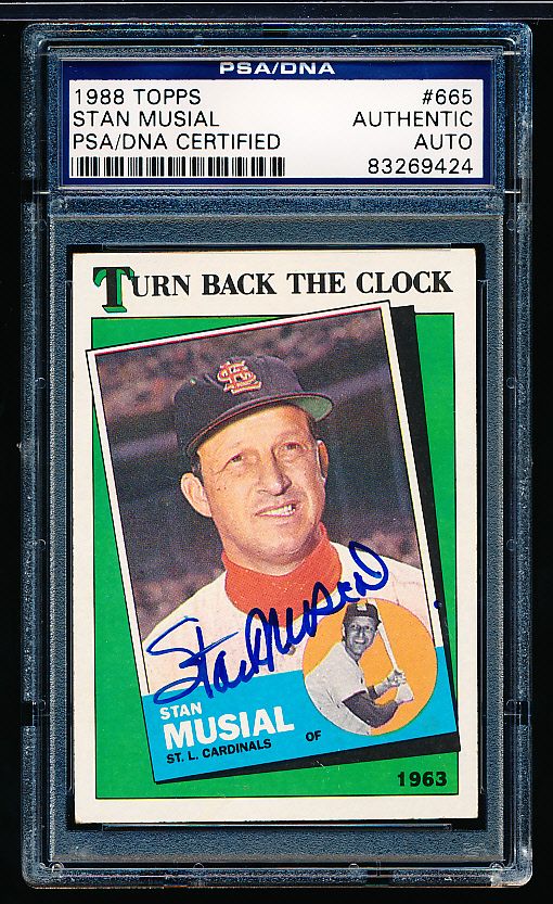 Mavin  Stan Musial signed 1988 Topps Turn Back #665 autographed baseball  card