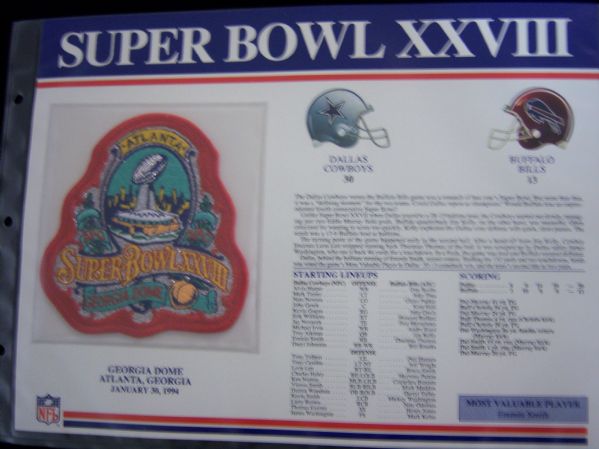 Willabee & Ward Super Bowl XXVIII Official NFL Patch- Cowboys 30, Bills 13