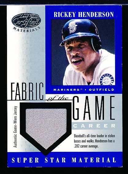 2001 Leaf Certified Materials RICKEY HENDERSON Fabric of the Game Career  Rare 3 Color Game Worn Jersey Seattle Mariners LOGO Patch Card #57 SP  Oakland Athletics 2009 HOF Inductee at 's Sports Collectibles Store