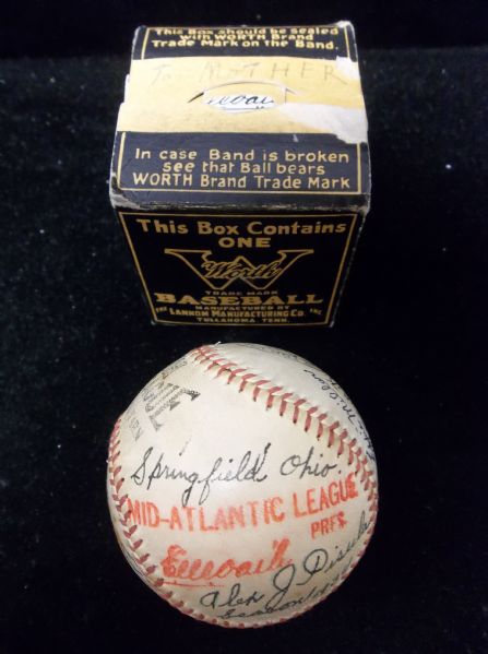 1934 Official Worth Mid-Atlantic League Baseball in Original Box- Autographed by 5 Diff. Players/ Manager