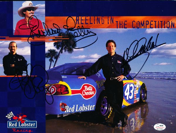 Richard Petty, Kyle Petty, and John Andretti Autographed NASCAR Red Lobster Racing Color 8-½” x 11” Handout- SGC Authenticated