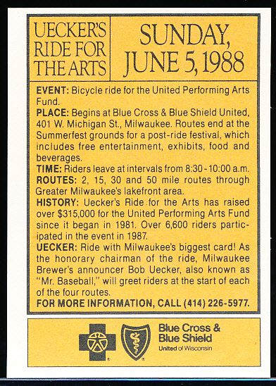 Lot Detail - June 5, 1988 Blue Cross & Blue Shield “Uecker's Ride for the  Arts” 1963 Topps-Style Bob Uecker Card