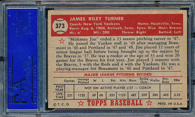 Lot Detail - 1952 Topps Baseball Hi#- #373 Jim Turner, Yankees- PSA EX 5