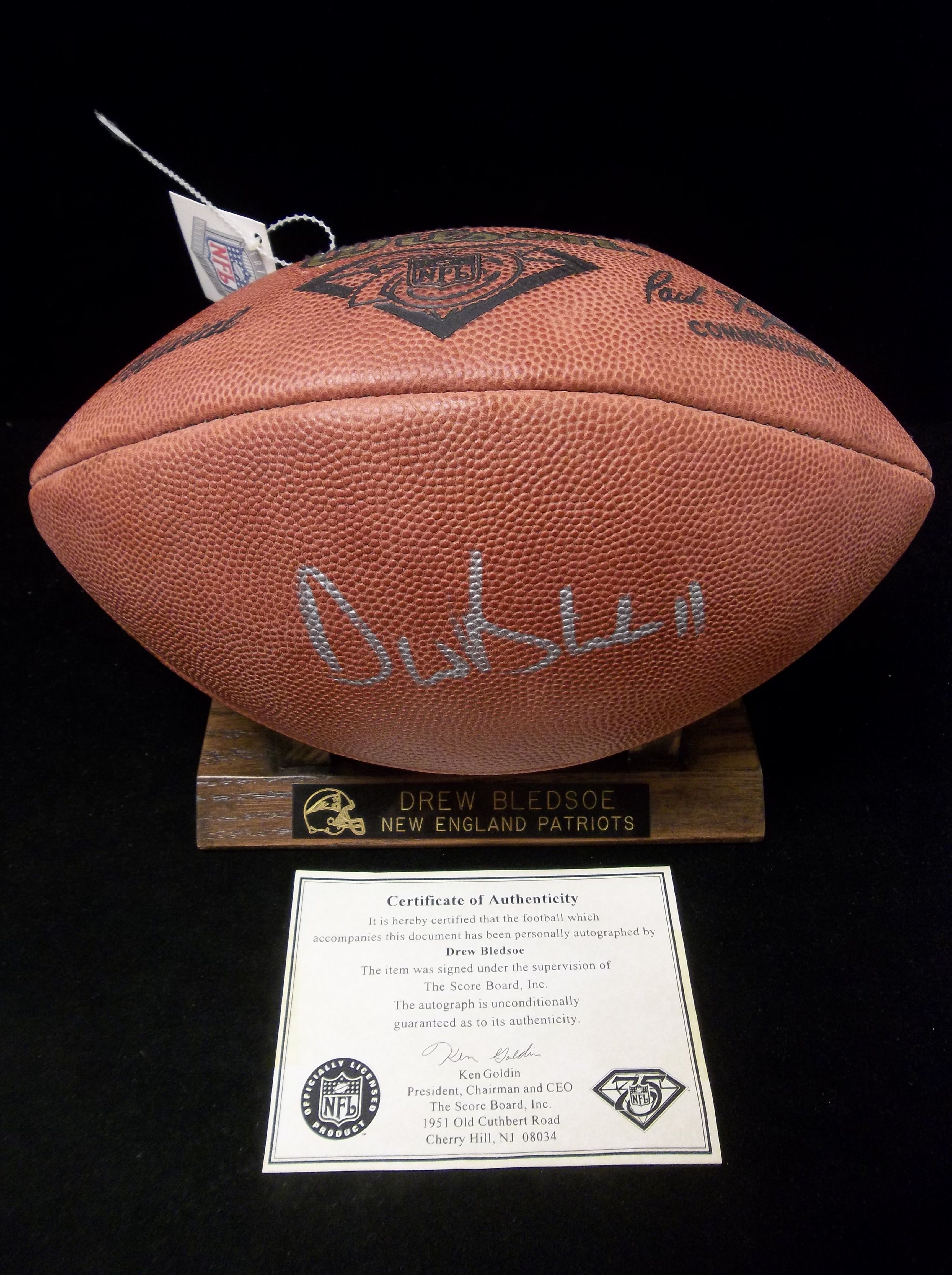 Lot Detail - Drew Bledsoe Autographed Wilson 75th Anniversary NFL Leather  Football (Paul Tagliabue Commissioner- Score Board COA