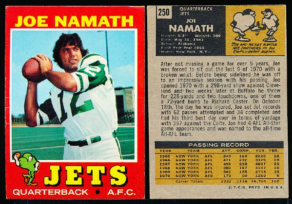 1971 Topps Fb- #250 Joe Namath, Jets- 2 Cards