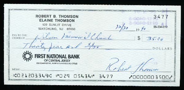 Bobby Thomson Signed Personal Check