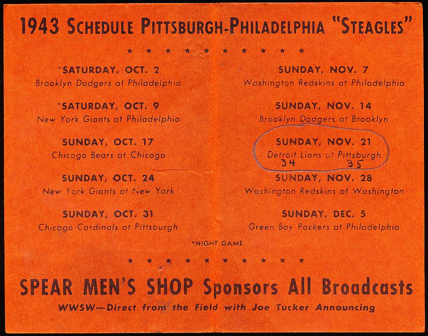 1943 football vs Pittsburgh-Philadelphia Steagles Program wall