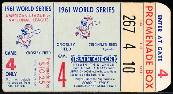 1961 MLB World Series Ticket Stub- New York Yankees @ Cincinnati Reds- Game 4