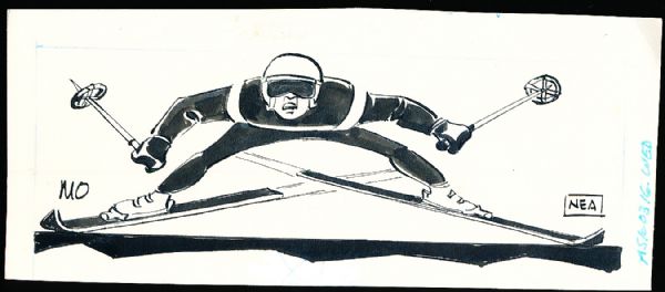 Murray Olderman Original 8-3/4” x 3-3/4” Ski Jumping Art- Male Ski Jumper Leaning Into Jump with Skis Crossed