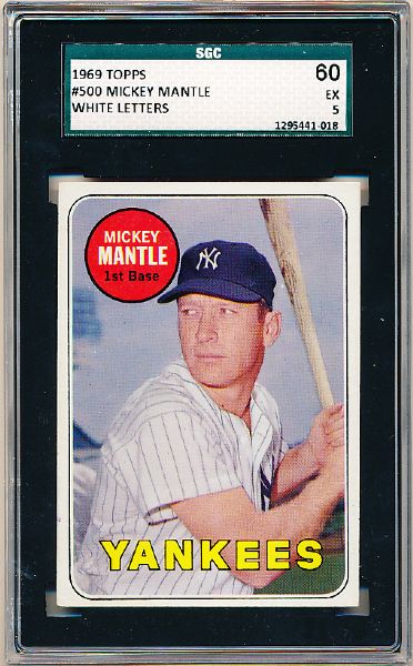 1969 Topps Baseball- #500 Mickey Mantle White Letter Variation! – SGC 60 (Ex 5)