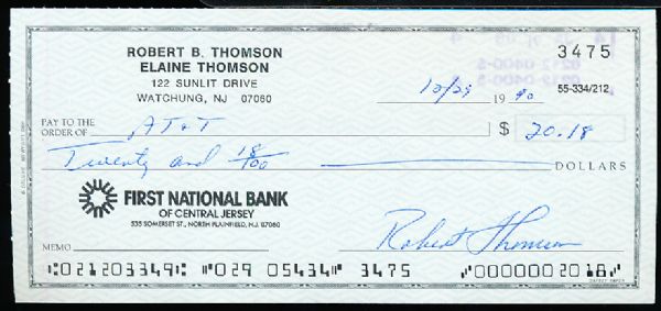 Bobby Thomson Signed Personal Check Bsbl.