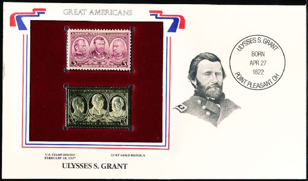 U.S. Postal Commemorative Society “Great Americans” Original & 22kt Gold Replica Stamp- U.S. Grant 3 Cent 2/18/37 Issue Stamp