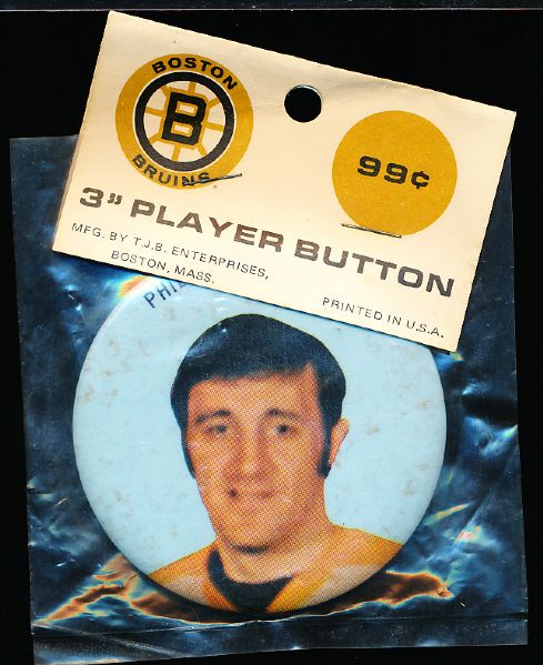 Late 1960’s-Early 1970’s T. J. B. Enterprises Boston Bruins 3” Diameter Player Button in Original Package- Phil “Espie” Esposito