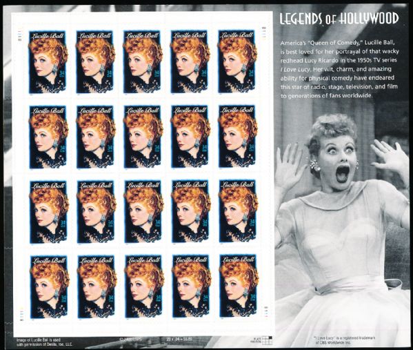 2000 USPS “Lucille Ball” 34 Cent Stamp Panel- 20 Stamps