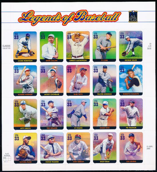 2000 USPS “Legends of Baseball” 33 Cent Stamp Panel- 20 Stamps