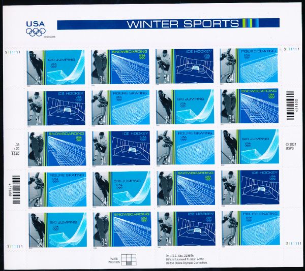 2001 USPS “Winter Sports” 34 Cent Stamp Panel- 20 Stamps