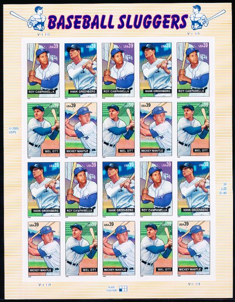 2005 USPS “Baseball Sluggers” 39 Cent Stamp Panel- 20 Stamps