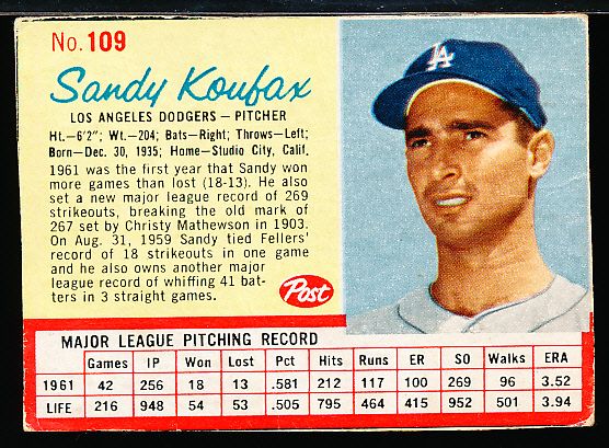 1962 Post Cereal Bb- #109 Sandy Koufax, Dodgers