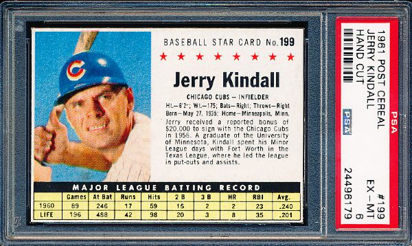 1961 Post Cereal Bb- #199 Jerry Kindall, Cubs- PSA Ex-Mt 6