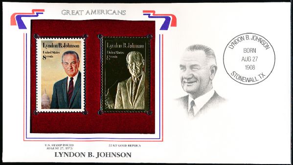 U.S. Postal Commemorative Society “Great Americans” Original & 22kt Gold Replica Stamp- Lyndon B. Johnson 8 Cent 8/27/73 Issue Stamp