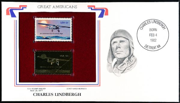 U.S. Postal Commemorative Society “Great Americans” Original & 22kt Gold Replica Stamp- Charles Lindbergh 5/20/77 Issue Stamp