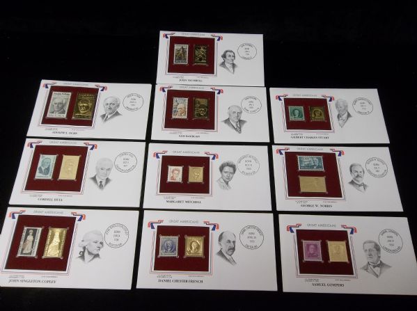 Postal Commemorative Society “Great Americans” Original & 22kt Gold Replica Stamps- 10 Diff.