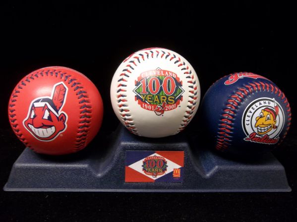 2001 McDonald’s FotoBall Indians 100th Anniversary Collector Set of 3 Balls with Base