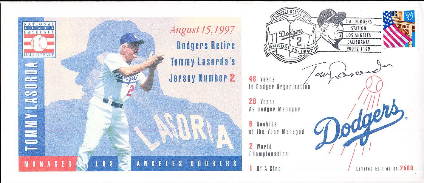 Lot Detail - August 15, 1997 Dodgers Retire Tommy Lasorda's Jersey #2 First  Day Envelope Signed by Lasorda!