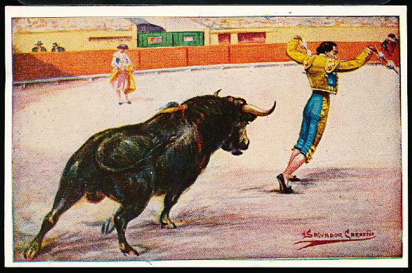 Two Bull Fighting Postcards with Ad Printed on back for bullfight- Esqueda and Abaroa