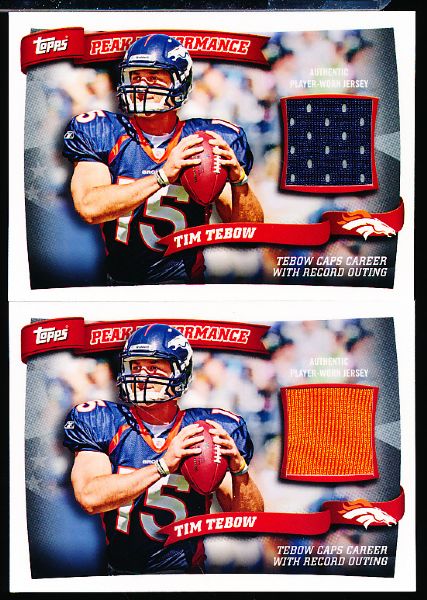 2010 Topps Football- “Peak Performance Relics”- #PPR-TT Tim Tebow, Broncos- 2 Cards