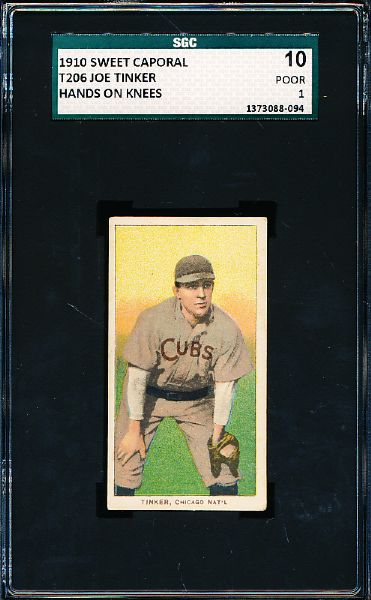 1909-11 T206 Bb- Joe Tinker, Chicago Natl- Hands on Knees- SGC 10 (Poor 1)- Looks like a vg-ex to ex card- but Sweet Caporal back has glue damage(40%)