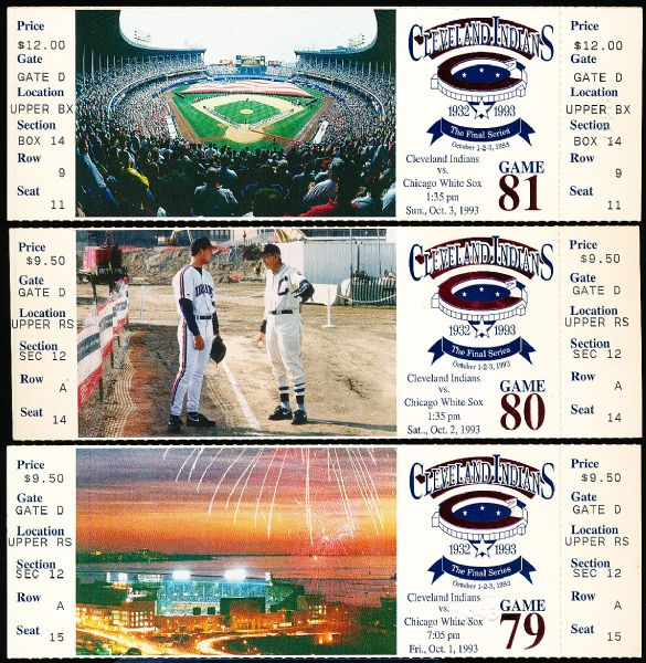 1993 Cleveland Indians Full Tickets- from the Final 3 Games at Cleveland  Stadium