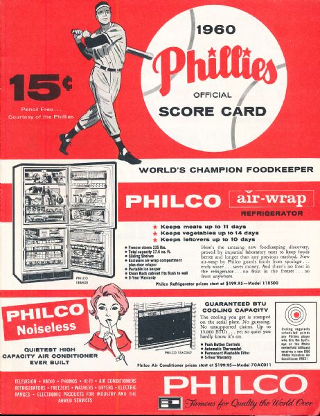 1960 Cincinnati Reds @ Philadelphia Phillies Score Card