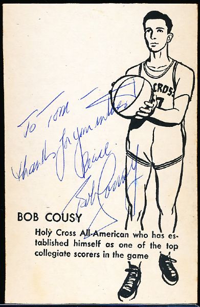 Bob Cousy Autographed 3-3/8” x 5-1/8” Line Drawing on Cardboard Backer