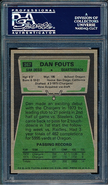 Lot Detail - 1975 Topps Football- #367 Dan Fouts, Chargers- PSA NM-Mt 8