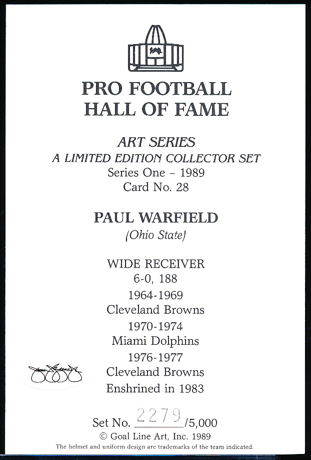 PAUL WARFIELD BROWNS DOLPHINS GOAL LINE ART SERIES ONE UNSIGNED CARD 28 GLA