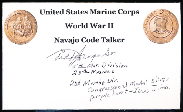 Teddy Draper Sr. World War II Navajo Indian Code Talker Signed 3 x 5” Card